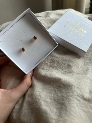Guldörhängen med rosa sten  - Snygga örhängen från Caroline Svedbom i guld med rund rosa sten. Klassisk och stilren design som ger en elegant touch till din look. Kommer i originalask.