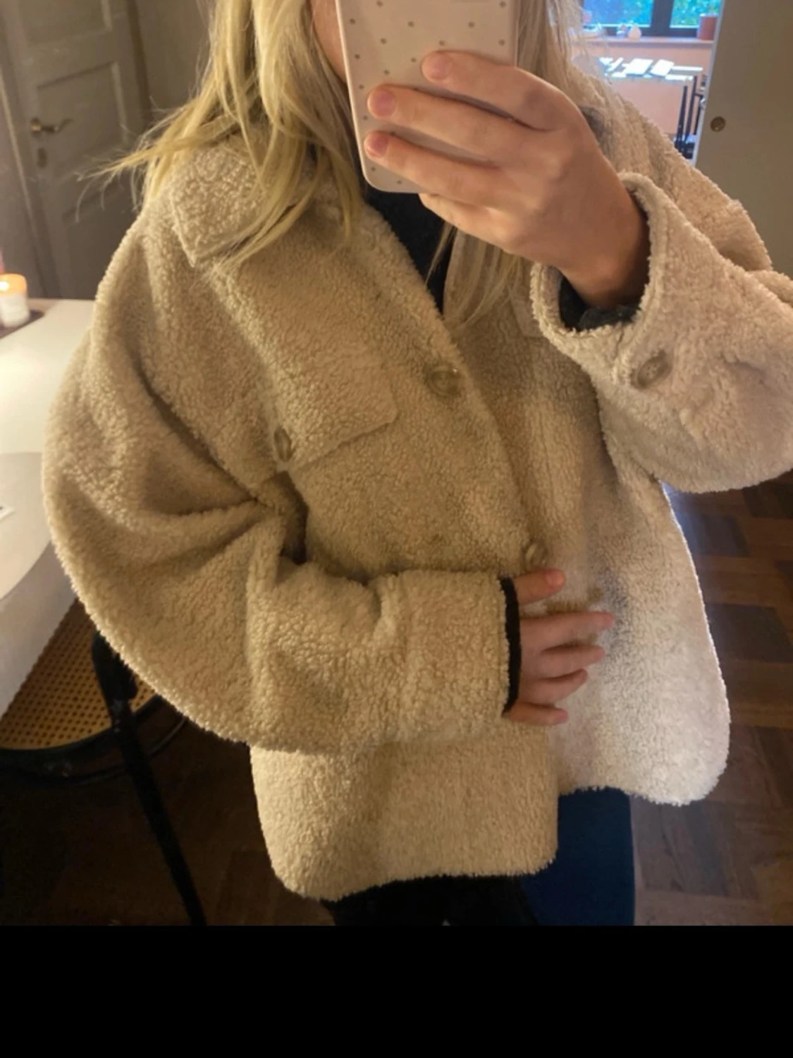 Beige teddyjacka med fickor - 2