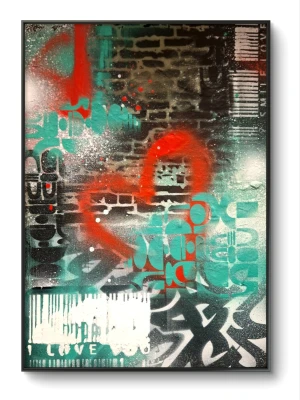 Graffititavla med hjärta och text 30x40 cm "My heart" - Säljer en cool graffititavla med motiv av ett rött hjärta, textfragment och abstrakta former i turkos, svart och vitt. Bakgrunden har en tegelväggskänsla . Blandteknik. Dukpannå.  (Ram ingår ej).                Konstnär: Malin Wiberg Näslund/Artbymawi 