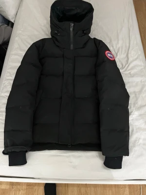 Svart dunjacka från Canada Goose - Säljer en svart dunjacka från Canada Goose med hög krage och dragkedja framtill. Jackan har ett klassiskt märke på vänster ärm och breda, quiltade paneler. Perfekt för kalla vinterdagar och riktigt varm.