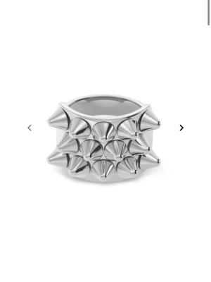 Silvrig ring med nitar - Cool och chunky ring i blankt silverfärgat metallmaterial med flera spetsiga nitar runt hela ringen. Ringen har en bred design och ger en edgy och modern känsla, perfekt för dig som vill sticka ut med din stil.