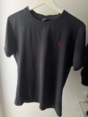 Mörkblå t-shirt från Ralph Lauren - Klassisk marinblå t-shirt från Ralph Lauren med röd broderad logga på bröstet. T-shirten har rund halsringning och korta ärmar. Perfekt basplagg med stilren design.