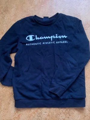 Svart sweatshirt från Champion - Snygg svart sweatshirt från Champion med stort vitt tryck på bröstet där det står 'Champion Authentic Athletic Apparel'. Klassisk rund halsringning och ribbade muddar vid ärmslut och nederkant. Perfekt för en sportig och avslappnad stil.