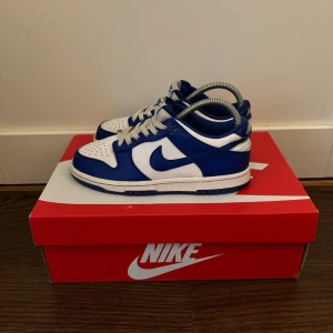 Nike Dunk Low blå och vita sneakers - Nike Dunk Low sneakers i blått och vitt läder med klassisk swoosh på sidan. Skorna har vita snören, perforerad tåbox och låg silhuett. Perfekta för dig som gillar streetwear och vill ha en ikonisk look.