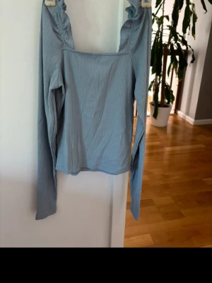 Ljusblå ribbad långärmad topp - Säljer en ljusblå ribbad topp med långa ärmar och fyrkantig urringning. Perfekt att styla med jeans eller kjol för en trendig look.