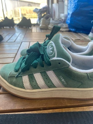 Adidas Campus gröna sneakers - Gröna Adidas Campus sneakers i mocka med vita klassiska ränder på sidorna och vit sula. Skorna har gröna skosnören och Adidas logga på plösen. Perfekta för dig som gillar retrostil och streetwear.