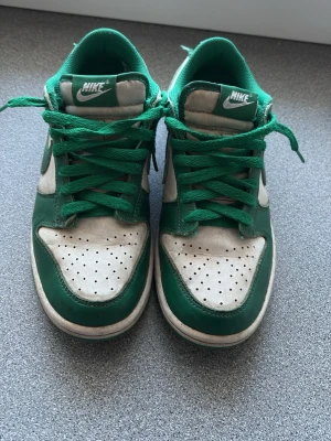 Nike Dunk Low gröna och vita sneakers - Nike Dunk Low sneakers i grönt och vitt med klassisk Swoosh på sidan. Skorna har gröna snören, perforerad tåbox och är tillverkade i läder och textil. Perfekt för dig som gillar streetstyle och sportig look.