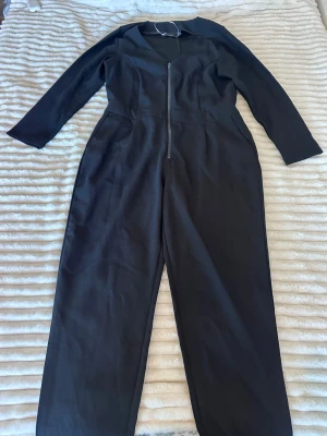 Svart långärmad jumpsuit med dragkedja - Stilren svart jumpsuit med långa ärmar och rak passform. Dragkedja framtill som ger en clean look. Tillverkad i ett mjukt tyg som känns bekvämt mot huden. Perfekt för dig som gillar minimalistisk stil och vill ha något enkelt men snyggt.