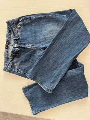 Blå raka jeans med dekor på fickor - Säljer ett par klassiska blå jeans med raka ben och snygga silverfärgade nitar som dekoration på bakfickorna. Jeansen har fem fickor, knapp- och dragkedjegylf samt coola detaljer. Perfekt för dig som gillar en tidlös look.