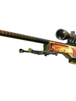 AWP Dragon Lore skin CS:GO - Säljer en AWP Dragon Lore skin till CS:GO. Skinnet har en grön och gul bas med ett detaljerat drakmotiv i rött och orange längs sidan. Passar dig som vill sticka ut i spelet och visa upp en av de mest ikoniska vapendesignerna.
