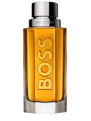 Hugo Boss The Scent parfym - En elegant parfym från Hugo Boss med bärnstensfärgad vätska i en stilren glasflaska. Flaskan har silverfärgat lock och tydlig BOSS-logga i relief på framsidan. Perfekt för dig som gillar exklusiva dofter och snygg design.