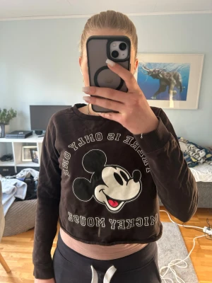 Brun Mickey Mouse sweatshirt - Snygg och gullig mickey mouse tröja som är lite kortare i magen och har ingen luva. Säljer då den är för liten och itne andvänds.