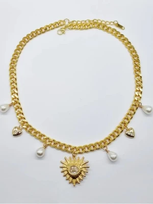 18K guldpläterat halsband med hjärta och pärlor  - Material-18K guldpläterat rostfritt stål 304. Kedjetjocklek-7mm. Högkvalitativt #17      