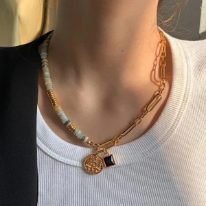 Stylish Beaded and Chain Link Necklace  - Brand new  **Description:** Make a statement with this stylish beaded and chain link necklace, featuring a unique combination of pastel beads and bold gold chain links. Adorned with a vintage-inspir