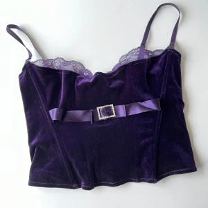 Lila topp  - Purple corset style top with cute rhinestone buckle detail. The fabric is velour. Fits a s/m