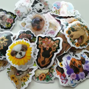 Klistermärken/stickers, Motiv: hune med blommor, Antal: 30st Skick: ny/oanvänd, Kul att använda till pyssel, scrapbooking och annat. Kan tex användas till att dekorera din bärbara dator, skateboard, resväska, etc. 