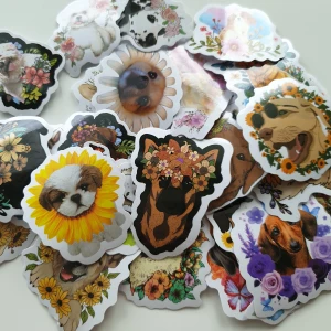 30st hund och blommor klistermärken/stickers  - Klistermärken/stickers, Motiv: hune med blommor, Antal: 30st Skick: ny/oanvänd, Kul att använda till pyssel, scrapbooking och annat. Kan tex användas till att dekorera din bärbara dator, skateboard, resväska, etc. 