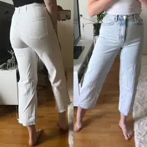 Två par jeans, ljusblå och vita! Supersnygga till sommaren! Säljer då de är för tajta på mig. Båda är storlek 34 och passar typ XS.   De blåa är från Gina Tricot och de vita är från HM. Knappt använda, nyskick.