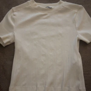 Vit T-shirt från zara  - Fin T-shirt från zara med lite ribbat mönster. Köpt för ca 1 år sedan men endast använd ett fåtal gånger. Mycket bra skick. 