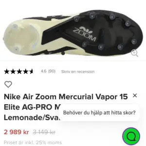 Säljer ett par nya Nike Air Zoom Mercurial Vapor 15 Elite Ag pro (konstgräs) Använda 2 gånger, men tvättade efter. Storlek 40,5 . Pratar både herr och dam. Inga skador. För fler bilder meddela. Priset kan diskuteras