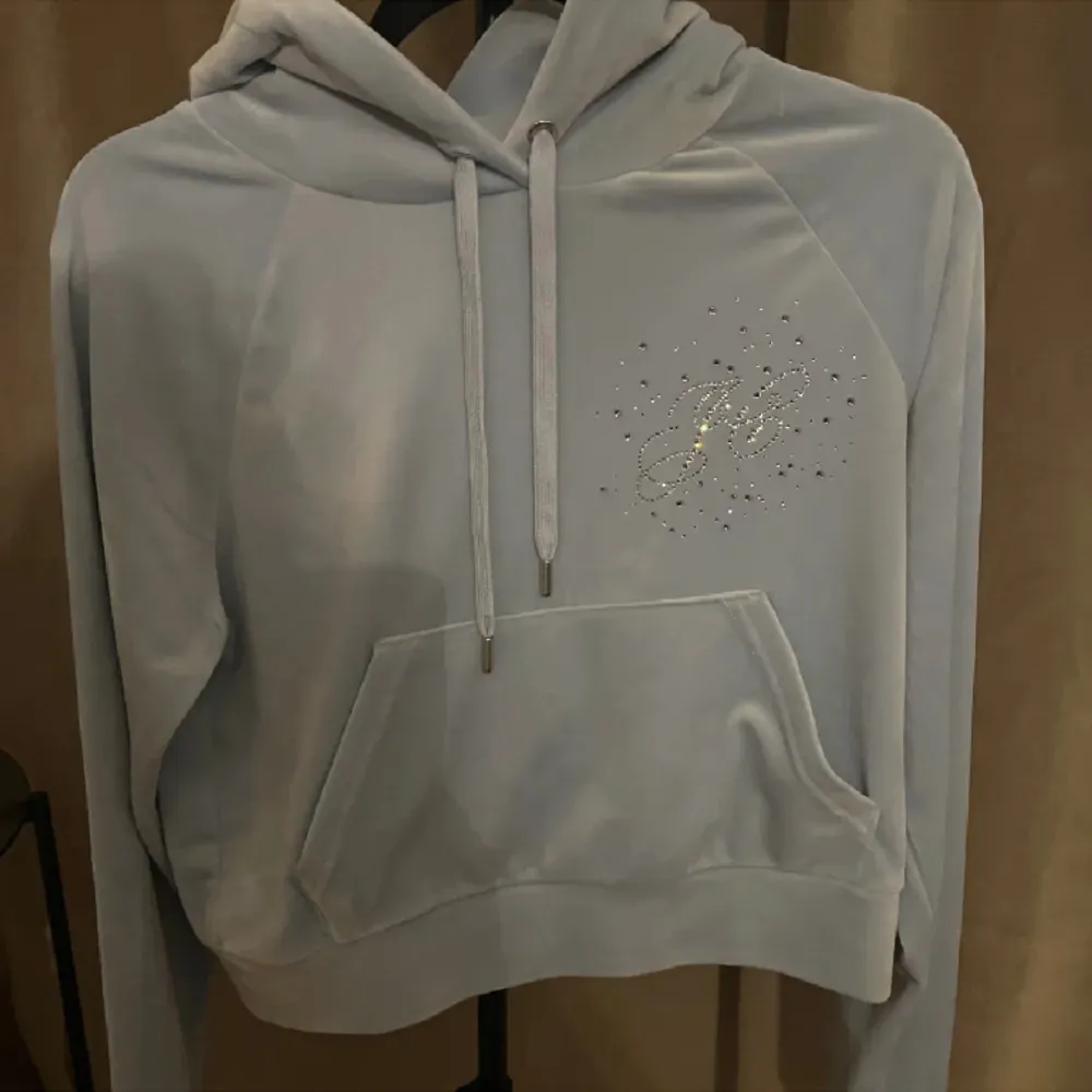 Babyblå juicy couture hoodie storlek m, använd 1 gång en kort stund och tvättad💙Lite croppad i modellen. Hoodies.