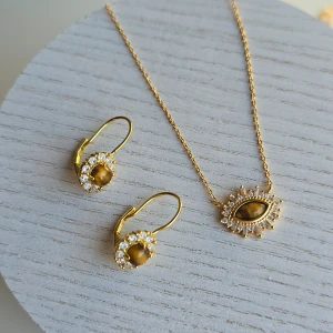 Sterling silver halsband och örhängen med tigerögasten - 925 silver, guldpläterade, tigerögasten