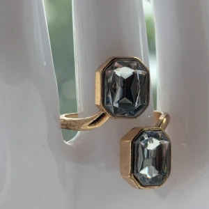 Guldfärgad ring med två stora rektangulära stenar - En elegant guldfärgad ring med två stora rektangulära stenar. Stenarna är klara och har en facetterad yta som reflekterar ljuset vackert. Ringen har en öppen design där stenarna sitter på varsin ände av ringen.
