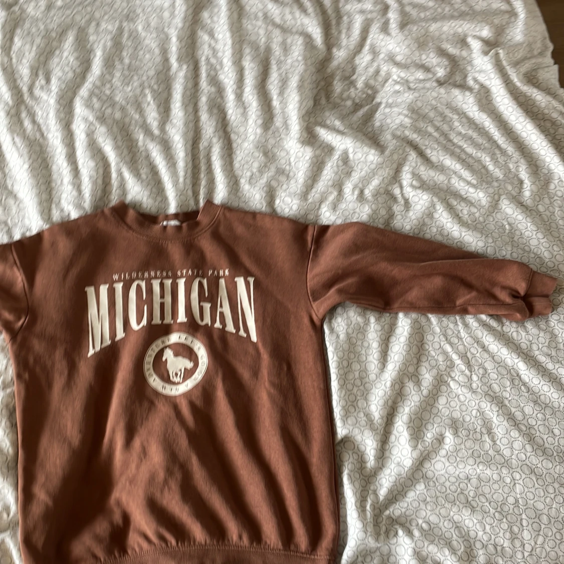 Brun tjock tröja med en vit häst och vit text  - 90