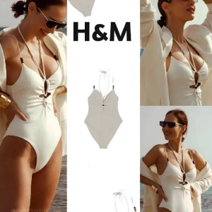 Ny baddräkt från H&M trend strl 40. Lappar kvar! - Vacker vit-cremefärgad baddräkt från H&M trend i strl 40 men passar även strl 36/38. Vackert material med mycket strech och vackra pärlor i trä på axelbanden. Skickar gärna fler bilder på både detaljer och lappar som sitter kvar! Aldrig använd 🤍