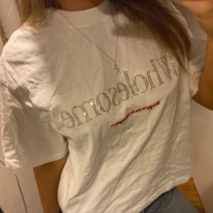 Vit t-shirt från Axel Arigato - Säljer en vit t-shirt från Axel Arigato med texten 'Wholesome' i glittriga stenar på framsidan. Nypris 400kr