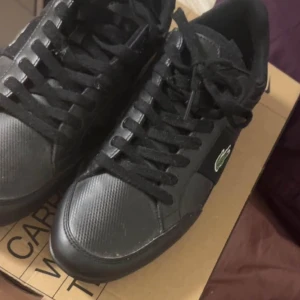 Svarta sneakers från Lacoste - Snygga svarta sneakers från Lacoste med klassisk design och snörning. Skorna har en diskret krokodil-logga på sidan och är tillverkade i skinn. Perfekta för en stilren look.