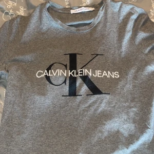 Grå t-shirt från Calvin Klein Jeans - Snygg grå t-shirt från Calvin Klein Jeans med stort tryck av logotypen i svart och vitt på framsidan. I storlek L, väljer du att köpa den vita samtidigt får du båda för 200kr.