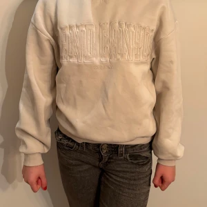 Vit sweatshirt med Grand Canyon-tryck - Säljer en vit sweatshirt med texten 'Grand Canyon' i relief på bröstet. Tröjan har långa ärmar och en avslappnad passform, perfekt för en casual look. Mjuk och bekväm för vardagsbruk.