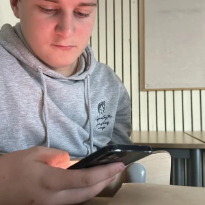 Grå hoodie med tryck - Säljer en bekväm grå hoodie med tryck på bröstet. Perfekt för en avslappnad stil. Hoodien har en klassisk passform med dragsko i huvan.