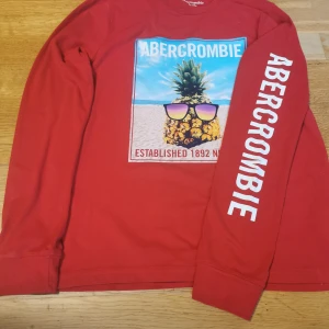Röd långärmad tröja från Abercrombie Kids - Snygg röd tröja från Abercrombie Kids med ett coolt ananastryck och texten 'Established 1892 New York'. Långärmad design med märkesnamnet tryckt längs ärmen. Perfekt för en avslappnad stil.