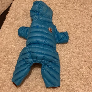 Blå dunjacka för hund från Moncler - Säljer en superfin blå dunjacka för hundar från Moncler. Jackan har en mysig insida och en praktisk huva. Perfekt för kalla dagar med sin pufferdesign och knäppning framtill.