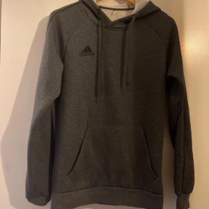 Grå hoodie från Adidas - Säljer en grå hoodie från Adidas i storlek M. Den är superbekväm och perfekt för både träning och chill. Har en klassisk känguruficka och justerbar huva. Adidas-loggan är snyggt placerad på bröstet. Perfekt för höst och vinter!