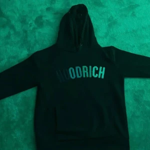 Svart hoodie från Hoodrich - Säljer en svart hoodie från Hoodrich med tryck på bröstet. Den har en klassisk design med långa ärmar och en rymlig huva. Perfekt för en avslappnad stil.