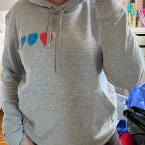 Grå hoodie med hjärtmönster - Säljer en supermysig grå hoodie med tre hjärtan på bröstet i blått och rött. Perfekt för en chill dag eller när du vill ha något bekvämt men ändå snyggt. Den har en klassisk passform med dragsko i huvan.