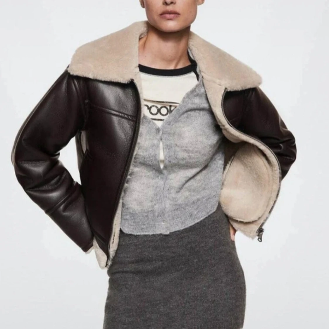 Vinterjacka med fakepäls och fakeläder - 90