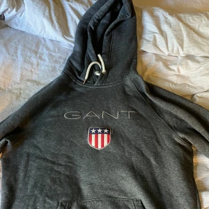 Grå hoodie från GANT - Säljer en snygg och bekväm grå hoodie från GANT. Den har en stor ficka på magen och en luva med vita snören. På framsidan finns GANT-loggan och ett broderat märke med amerikanska flaggan. Perfekt för höst och vinter!