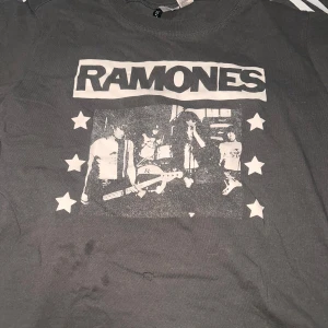 Grå Ramones t-shirt från Divided - Säljer en grå Ramones t-shirt från Divided i bomull. Den har ett coolt tryck av bandet på framsidan med stjärnor runt. T-shirten är i acceptabelt skick med ett litet hål på framsidan. Perfekt för en avslappnad stil eller konsertkväll! 🎸