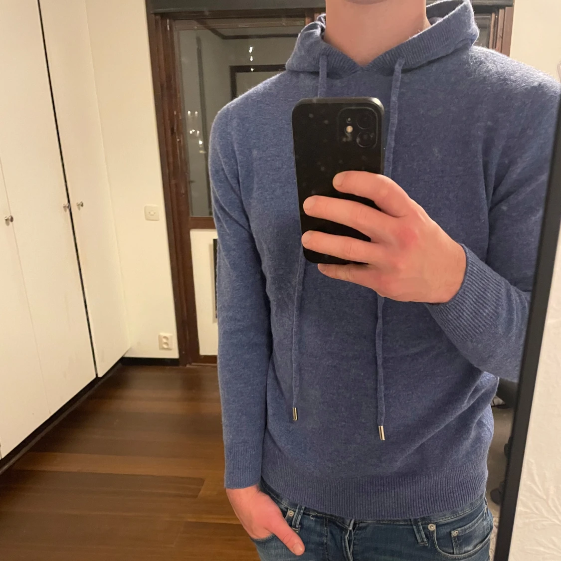 Blå Merinoull hoodie