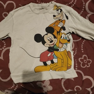 Vit tröja med Disney-tryck - Säljer en vit tröja med ett stort tryck av Disney-karaktärer på framsidan och texten 'Mickey Mouse & Friends' på baksidan. Tröjan har långa ärmar och en rund halsringning. Perfekt för alla Disney-fans!
