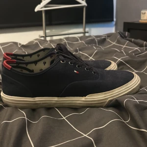 Blå sneakers från Tommy Hilfiger - Snygga blå sneakers från Tommy Hilfiger med vita sulor och röda detaljer. Skorna har snörning och en liten logotyp på sidan. Perfekta för en avslappnad stil. Lite stora i storleken så kan nog passa både 43 och 44. Kommer inte i orginal förbakningen. Pris kan diskuteras vid snabb affär