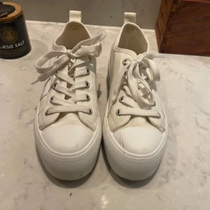Vita sneakers med snörning - Säljer ett par ganska vita sneakers med snörning och en tjock sula. Skorna har en klassisk design med metallöljetter och en svart rand på sulan. Perfekta för en avslappnad look.