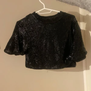 Svart glittrig topp - Säljer en superfin svart glittrig topp som är perfekt för fest! Den är croppad och har korta ärmar. Toppen är täckt med paljetter som ger en riktigt snygg effekt. Perfekt för att sticka ut på nästa party!