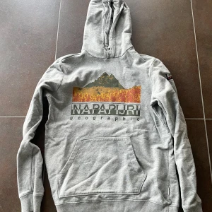 Grå hoodie från Napapijri - Säljer en snygg grå hoodie från Napapijri med ett coolt bergsmotiv och logga på framsidan. Den har en stor ficka fram och en bekväm huva. Perfekt för höst och vinter!