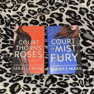 A Court of Thorns and Roses & A Court of Mist and Fury - Två böcker av Sarah J. Maas: 'A Court of Thorns and Roses' med röd omslag och 'A Court of Mist and Fury' med blå omslag. Båda böckerna är populära fantasyromaner och del av en serie som har fångat många läsares intresse.
