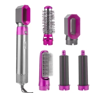 Multifunktionell hårstyler i silver och rosa - Säljer en superpraktisk hårstyler med flera tillbehör för olika stylingbehov. Den är i en snygg silver- och rosa design. Inkluderar olika borstar och locktillbehör för att skapa volym och lockar. Perfekt för att fixa håret snabbt och enkelt hemma!
